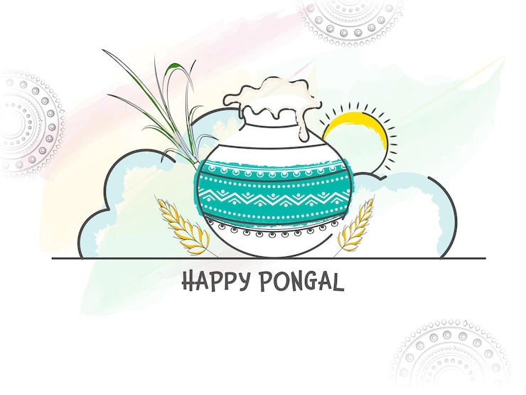 वेक्टर doodle style mud pot full of traditional dish with sugarcane, wheat ears, deity surya and brush effect on white mandala background for happy pongal concept.