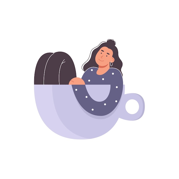 Вектор Каракули в стиле людей с кофе, таких как девушка, сидящая на чашке кофе