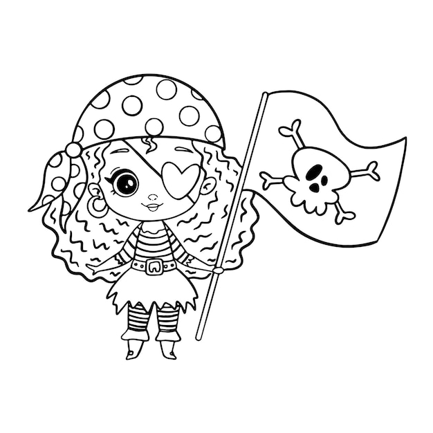 Doodle style pirate girl isolated on white  . coloring page pirate girl