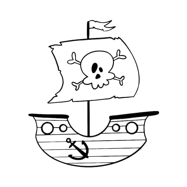 Пиратский корабль в стиле каракули, изолированные на белом. Раскраска пиратский корабль