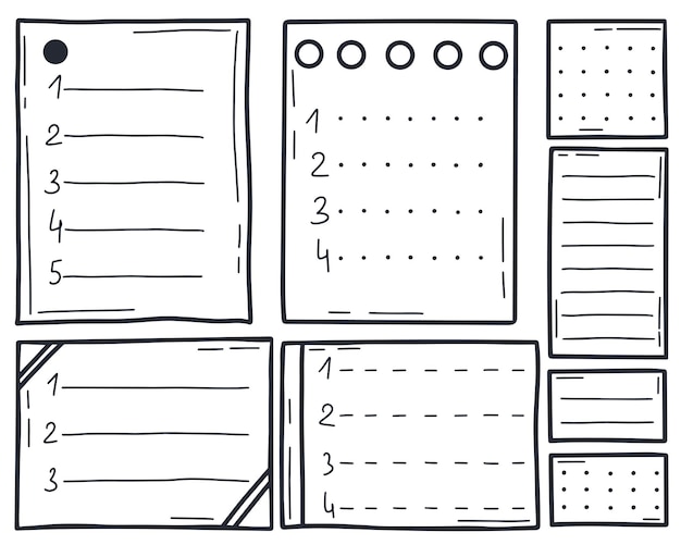 Страницы планировщика в стиле каракулей Ручной набор страниц списка изолированных векторных иллюстраций