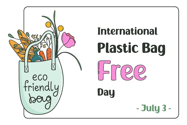 Vettore borsa riutilizzabile in stile doodle con acquisti international plastic bag free day zero rifiuti sostenibili