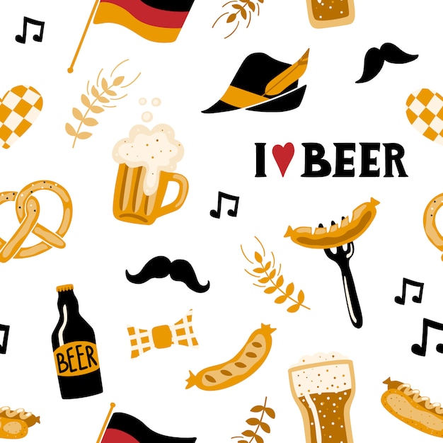 Doodle style seamless pattern with Beer and Food.