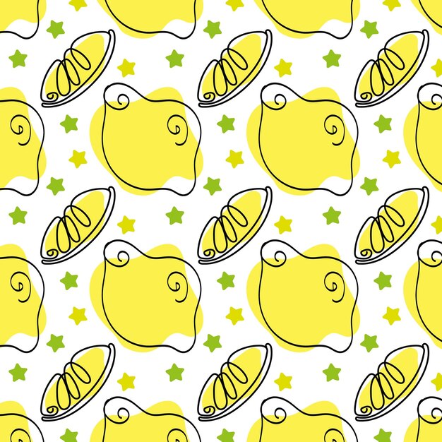 Doodle style seamless pattern with whole lemons and lemon slices on white background