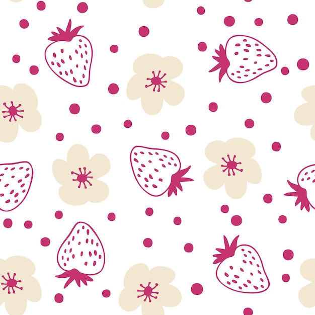 Doodle style strawberries and flowers vector seamless pattern design for tshirt textile and prints hand drawn illustration for decor and design