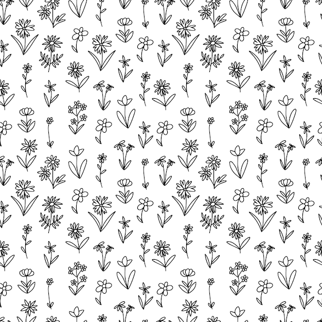 Doodle summer flowers seamless pattern Vector mille fleur pattern on white background