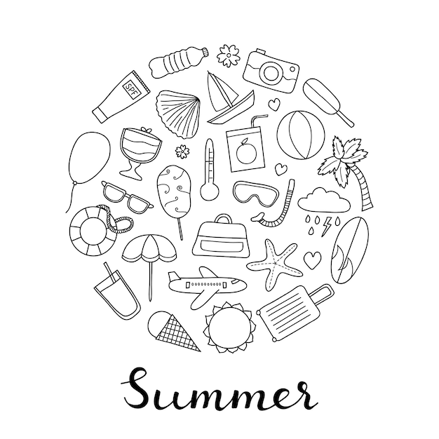 Doodle summer items in circle