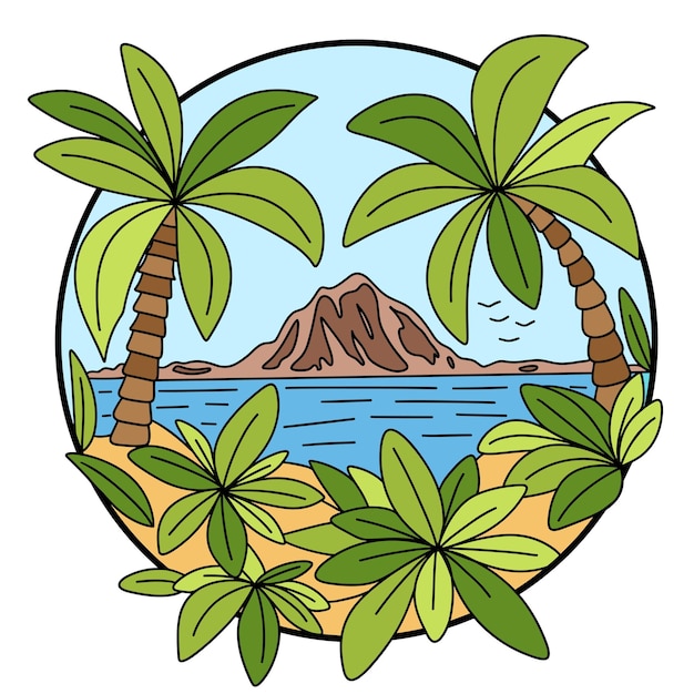 Vector doodle summer view summer scenery outline in circle palm trees mountain and tropical plants