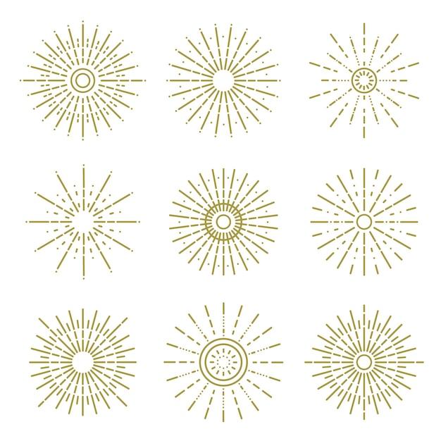 Doodle sunburst Sunrise abstracte elementen rijzende zon frames zonlicht hand getrokken platte vector illustratie set