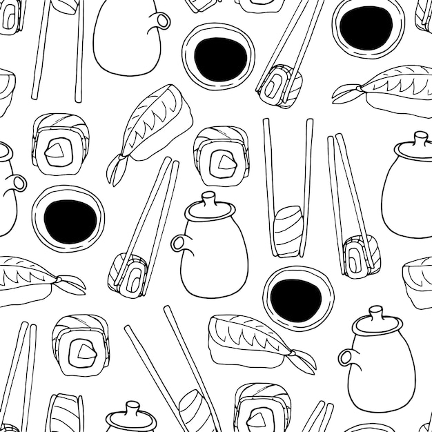 Doodle sushi naadloze patroon schets hand getekende vector voor decor, menudekking, textiel, achtergronden