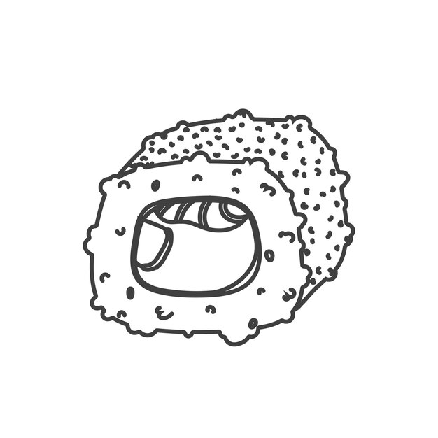 Rotolo di sushi di doodle con cibo giapponese al sesamo rotolo di sushi icona in stile cartone animato sushi isolato su sfondo bianco icona del logo del sushi del fumetto vettoriale rotoli di sushi in stile tiraggio a mano cibo asiatico