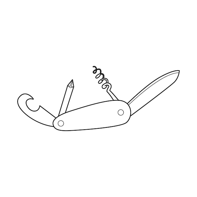 Doodle Swiss knife multitool multifunctional pocket knife Equipment for fishing tourism travel camping hiking Outline black and white vector illustration isolated on a white background