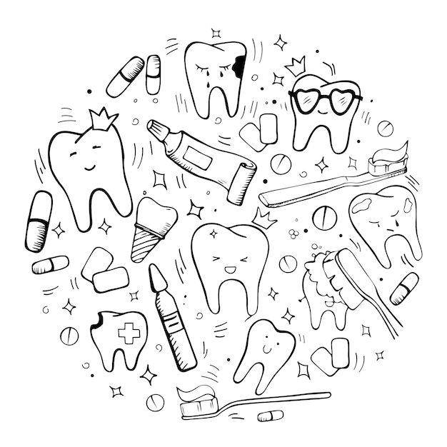 Vector doodle tandheelkundige en orale cirkel set implantaat tandenborstel pasta mondwater tabletten tandvlees tandheelkundige zorg