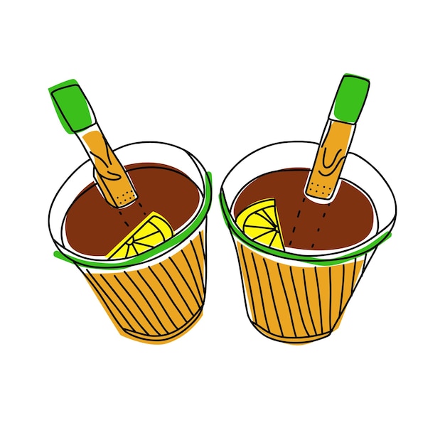 Vector doodle tea in paper cup teabags and peace of lemon hot drinks to go take away