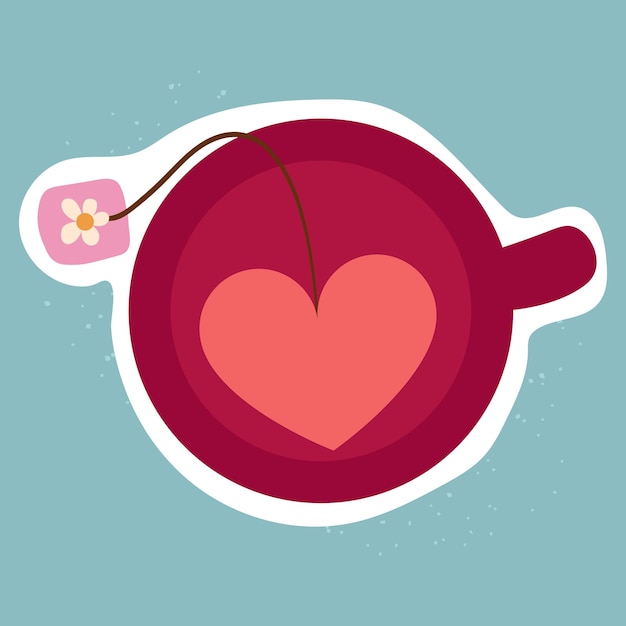 Doodle teacup with heart shape tea bag and tag isolated vector sticker with pink cup on white