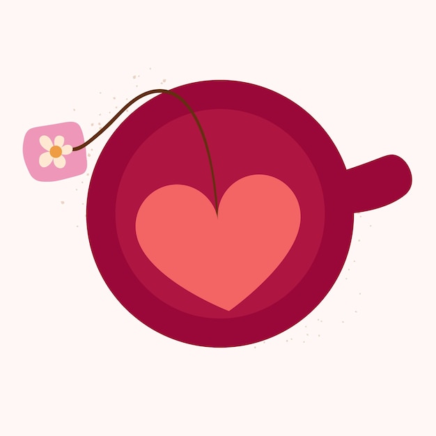 Doodle theekopje met hartvormige theezakje en tag. geïsoleerde vectorsticker met roze kop op wit