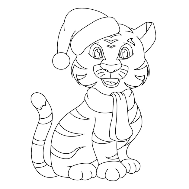 Doodle tiger in santa claus christmas hat hand drawing line