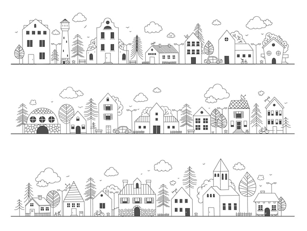 Doodle town street cute rural buildings with trees hand drawn country neighborhood sketch with little houses vector childish scene