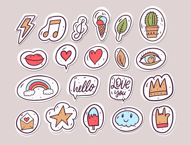 Doodle trendy stickers set.