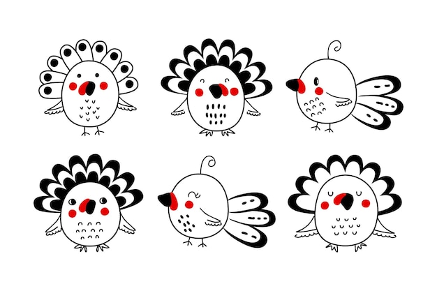 Doodle индюки птицы коллекция клипартов на День Благодарения Идеально подходит для наклеек на футболки поздравительных открыток приглашение на вечеринку и печать Ручной рисунок изолированных векторных иллюстраций для декора и дизайна
