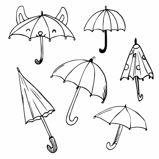 Вектор doodle umbrella set in line простой векторный рисунок зонтика