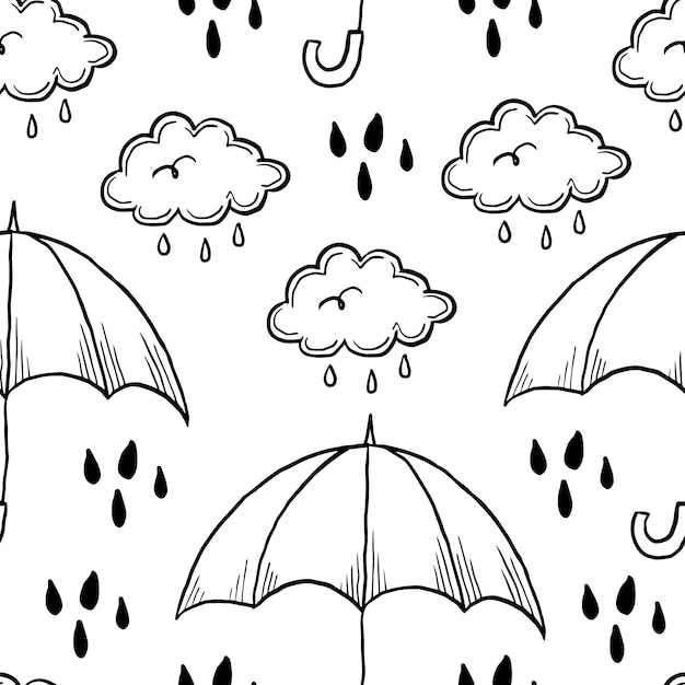 Doodle umbrella with rainy cloud seamless pattern