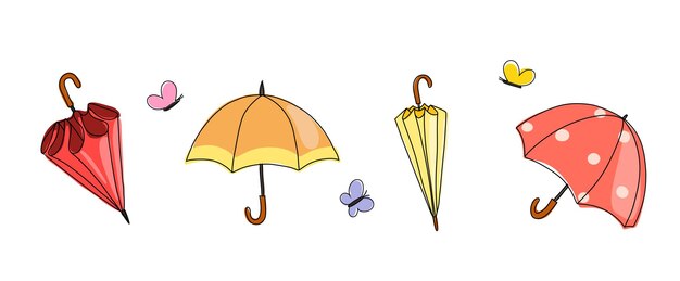 Vector doodle umbrellas in various positions open and folded umbrellas