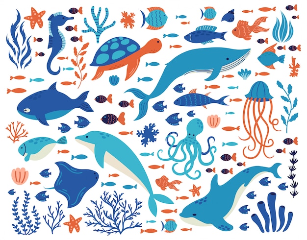 Каракули подводных животных. существа океана, рисованная морская жизнь, дельфин, кит, черепаха, осьминог, кораллы, набор иллюстраций морских растений. подводный море рисунок животные живая природа