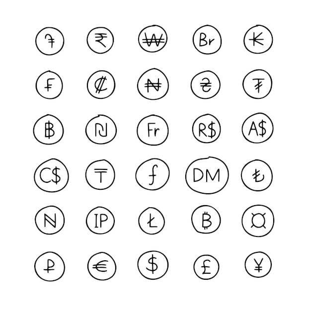 Doodle valutasymbool internationale pictogram geïsoleerd hand getrokken stijl