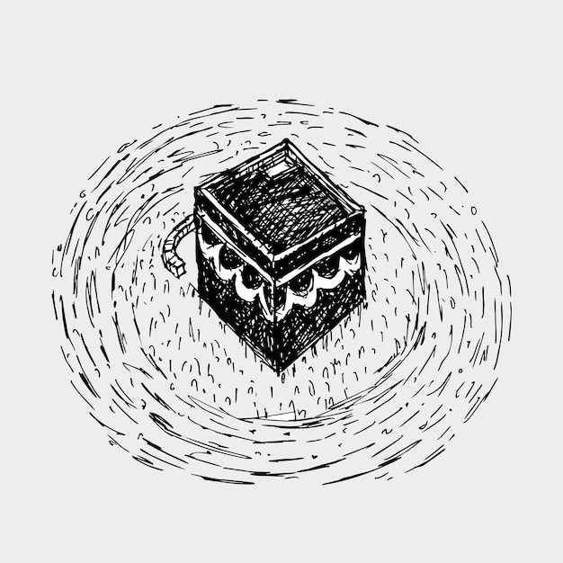 Vector doodle van de ka'aba met islamitische mensen muslim muslimah die thawaf doen in mekka saoedi-arabië