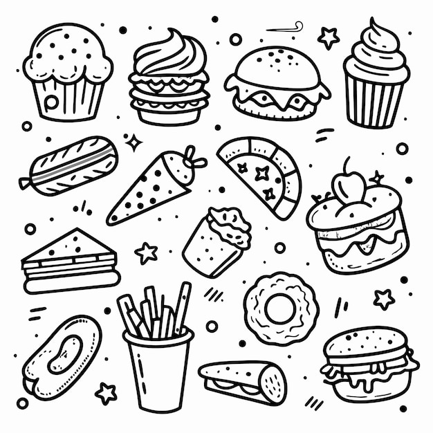 Doodle of various food including burgers fries cakes donuts and sandwiches