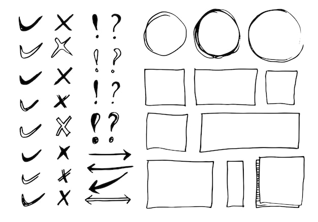 Doodle vector arrows and design elements. Hand drawn set of icons, frames, borders, arrows.