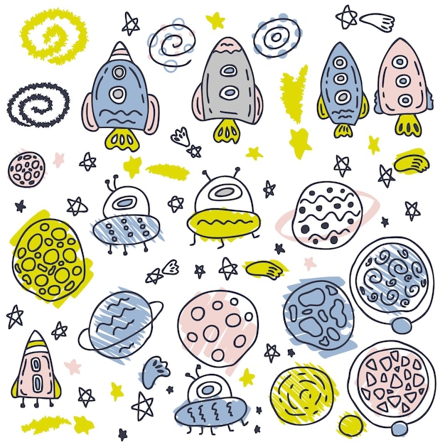 Doodle vector collectie van raketten en planeten in de ruimte perfect voor scrapbooking stickers textiel en prints hand getekende illustratie voor decor en design