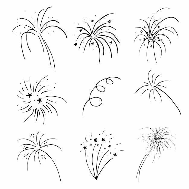 Doodle Vector Fireworks Icon Set Концепция празднования Line art