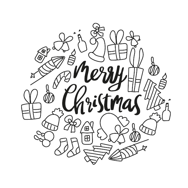 Doodle vector greeting card with r black christmas symbols isolated on white background Christmas wreath sketch drawing for your design