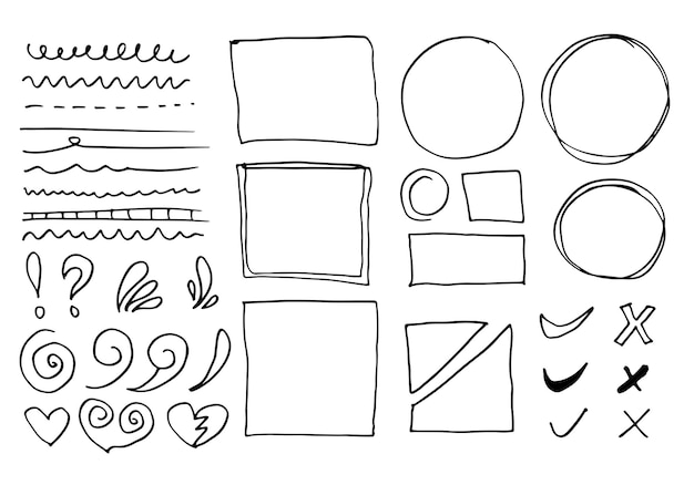 Doodle vector lijnen en curven Hand getrokken check en pijlen tekenen Set van eenvoudige doodle frames.