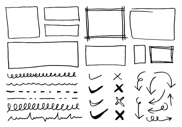 Doodle vector lijnen en curvenHand getekende check en pijlen tekens Set van eenvoudige doodle lijnen curven frames en spots Collectie van potlood effecten Doodle grens Eenvoudige doodle set