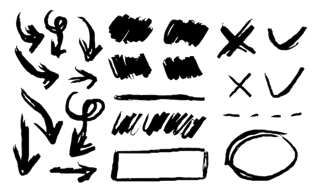 Doodle vector lijnen en curvenHand getekende controle en pijlen tekens Set van eenvoudige doodle lijnen curven frames en plekken Collectie van potlood