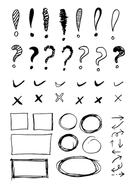 Vettore linee e curve vettoriali di doodle segni di controllo e frecce disegnati a mano.