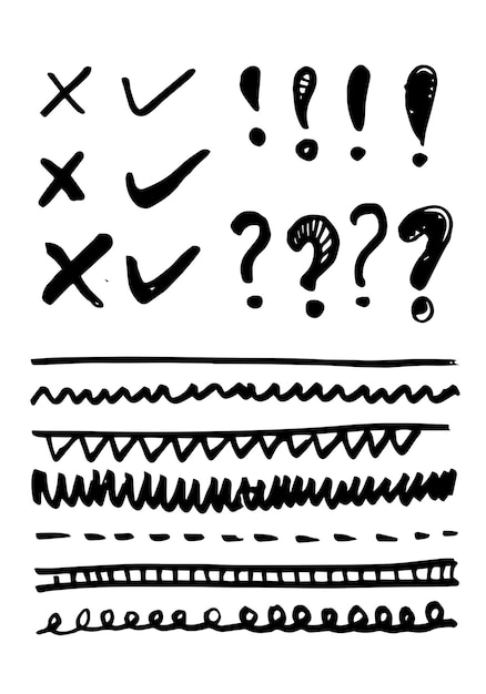 Vector doodle vector lines and curves hand drawn check and exclamation mark. doodle lines.