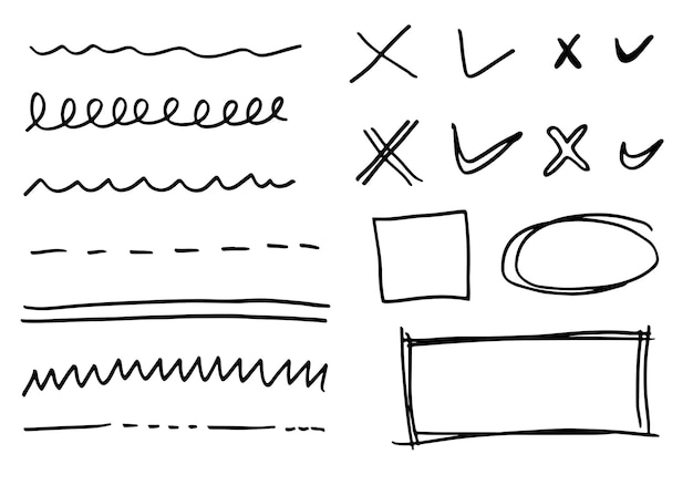 Векторные линии и кривые DoodleРучно нарисованные знаки проверки и стрелки Набор простых линий Doodle кривые рамки и пятна Коллекция эффектов карандаша Doodle border