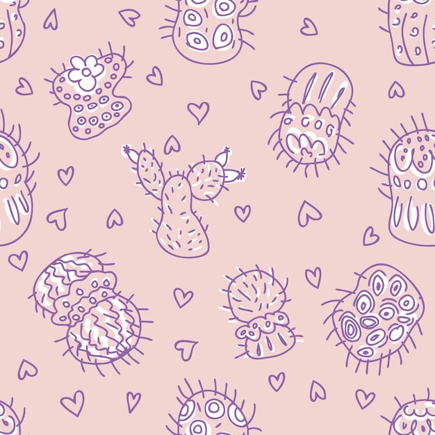 Doodle vector naadloze patroon van cactussen met harten perfect voor stof scrapbooking textiel en prints schets stijl illustratie voor decor en design