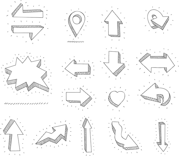 Vector doodle vector pijlen en ontwerpelementen hand getekende set pictogrammen frames grenzen pijlen