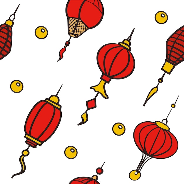 Doodle vector seamless pattern di lanterne di carta cinesi piatte icone colorate decorazione orientale di ...