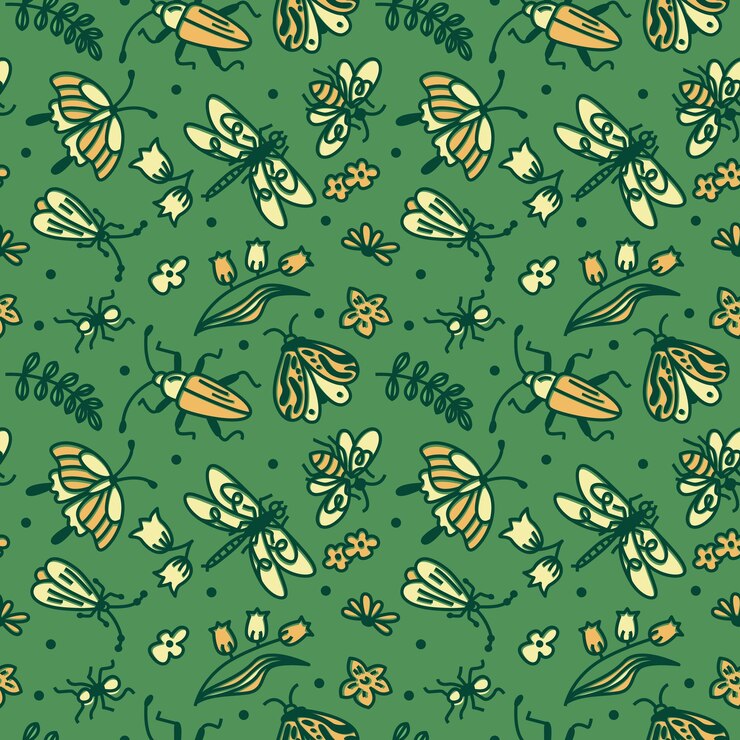Vector doodle vector seamless pattern with cartoon insects and plants