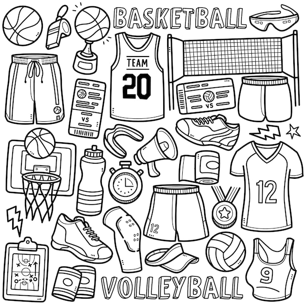 Doodle vector set basketbal en volleybal apparatuur zoals uniform schoenen bal net enz