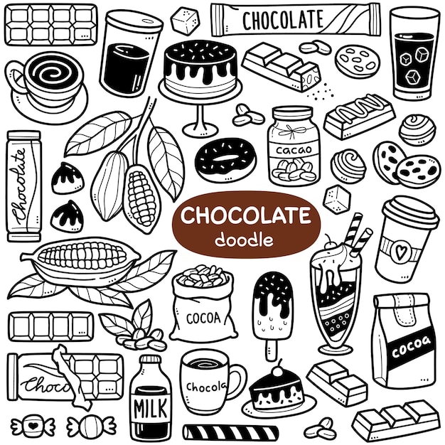 Набор векторных каракули какао и шоколадных продуктов, таких как какао-бобы, какао-порошок, мороженое и т. д.