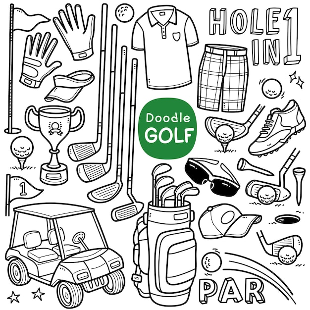 Doodle vector set golf related equipments such as golf driver flagstick glove bag etc