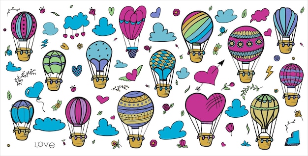 Doodle vector set hete lucht ballonnen met wolken. Kleurrijke hand tekenen illustratie vliegende voertuigen. Romantische ballonnen. Hemel met toeristische ballonnen voor vlucht. Cartoon-stijl