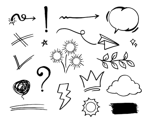 Doodle vector set illustratie met hand loting lijn kunst stijl vector. Kroon, koning, zon, pijl, hart, liefde, ster, werveling, swoops, nadruk, voor conceptontwerp